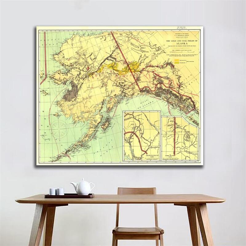 Mapa de decoração vintage, edição 1898, decoração de parede, pintura de ouro e campos de carvão do alaska, 90x90cm, pintura em spray para sala de estar