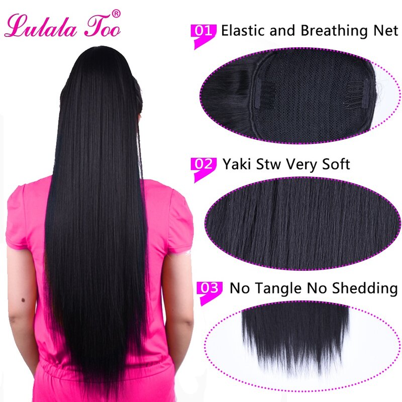 Lulalatoo-coleta larga y recta de Yaki sintético para mujer negra, 30 pulgadas, con cordón, Clip para el cabello