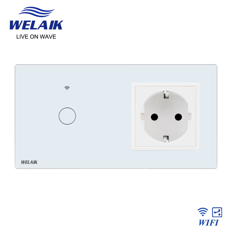WELAIK-Panel de cristal para escaleras de pasillo, interruptor táctil de pared de luz LED, enchufe de corriente de 16A, con WIFI, 1gang2way, Tuya, ue, A29128ECW-WIF