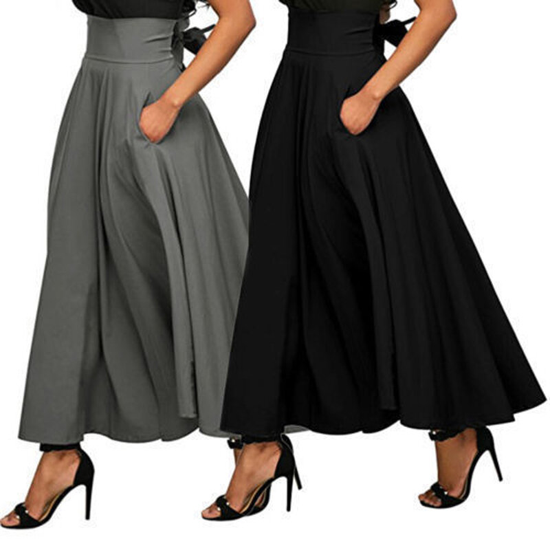 Tinggi Pinggang Lipit Rok Panjang Wanita Vintage Flared Rok Penuh Ayunan Satin Dress