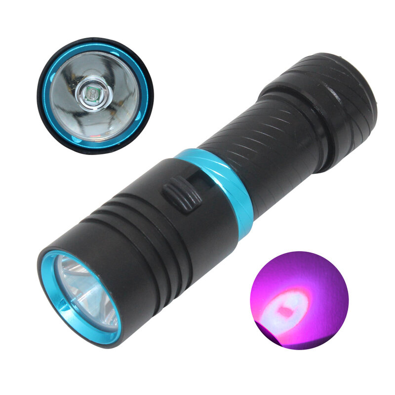 Linterna de buceo con luz UV, resistente al agua, bajo el agua, 100m, 18650, 22650, atenuación continua, T6, LED púrpura