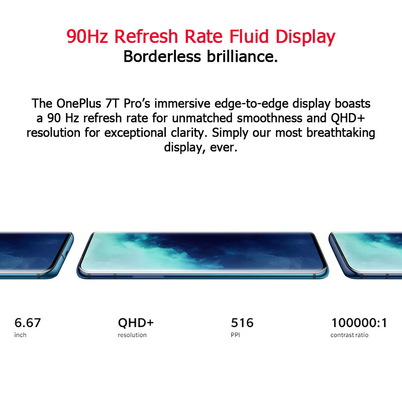 OnePlus 7T Pro ROM globale Snapdragon 855 Plus 8 go 256 go 6.67 ''fluide AMOLED 90Hz écran 48MP Triple caméra 4085mAh