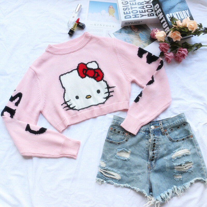 2021 new autumn women's wear Europe and America Kitty Cat letter jacquard short knitted sweater for women thickened sweater