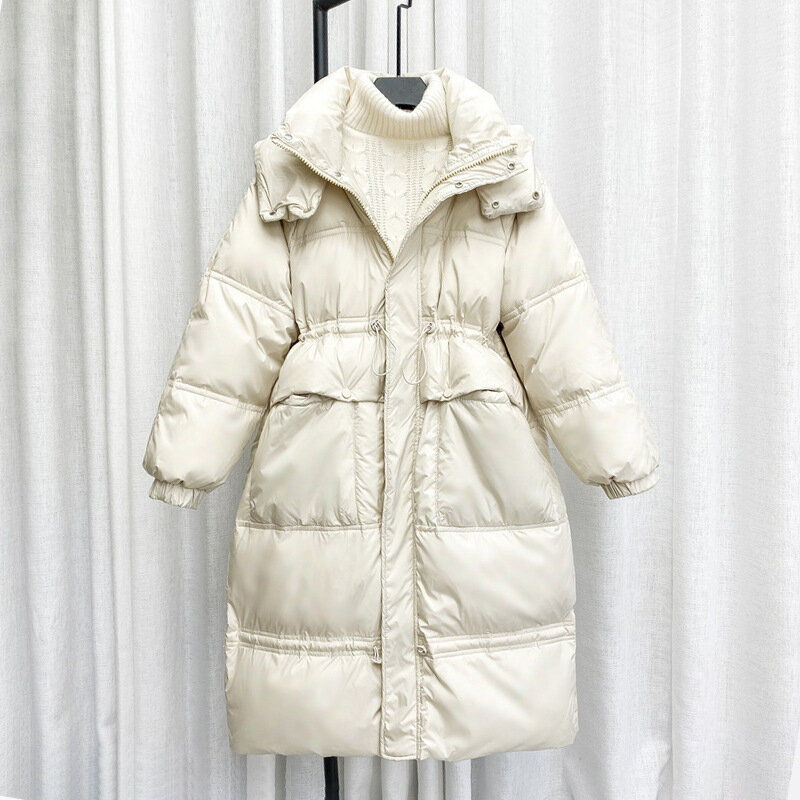Loose Hooded Down Jacket Women Fashion Solid Color Big Pocket Winter Coat Korean Version Drawstring Thick White Duck Down Jacket