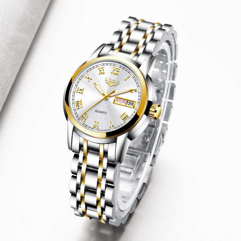 LIGE-Montre dorée pour femme, bracelet en acier, étanche, créative, nouvelle collection 2023