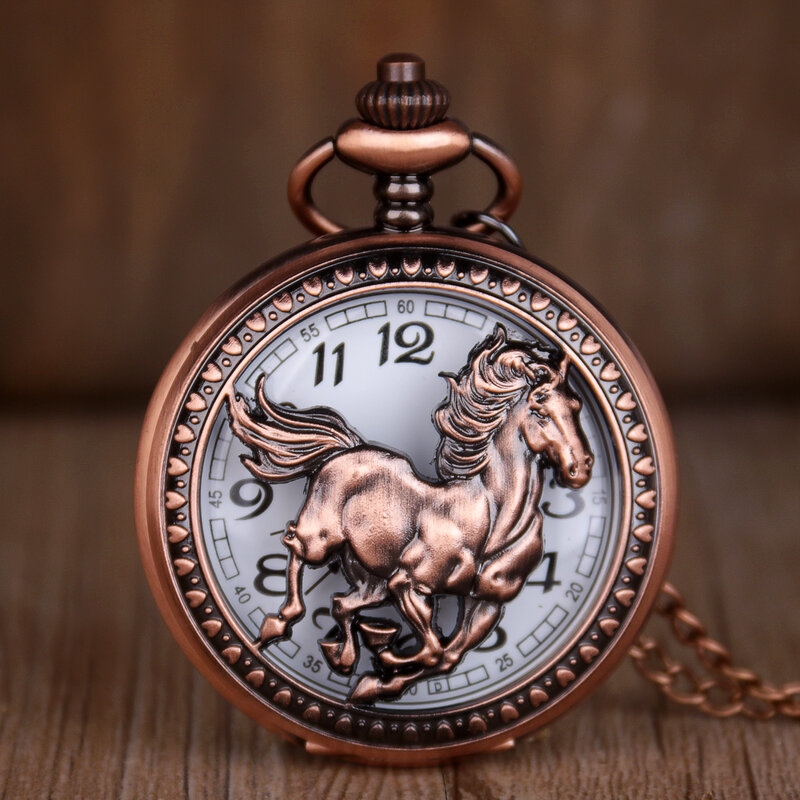 Vintage oco cavalo quartzo bolso relógios analógico mostrador branco bolso relógios para homens mulheres relógios unisex colar cadeia