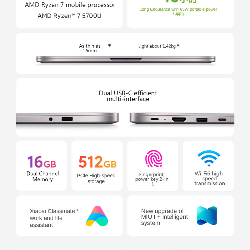 Ноутбук Xiaomi RedmiBook Pro 14, процессор AMD Ryzen 5700U /5500U, 16 ГБ DDR4 + 512 Гб SSD, 2,5 K Super Retina, полный экран