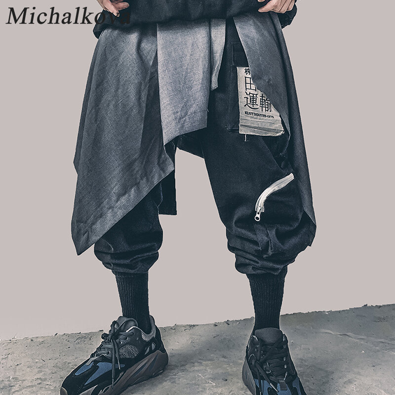 Michalkovaไม่สม่ำเสมอHip Hopผู้ชายเข็มขัดกระโปรงHarajukuปรับStreetwearสีดำผ้ากันเปื้อนจีบGothic Jogger Hemlines