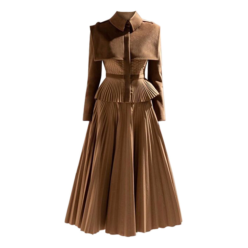 Robe de costume en cachemire de laine marron pour les occasions formelles, haut plissé et jupe, tenue de magasin de tailleur, automne et hiver