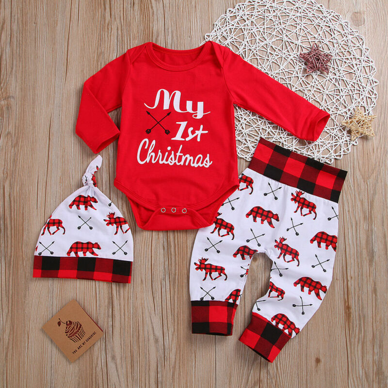 Lovely Kids Baby Girl Boy My First Christmas Letter Romper Pant Hat Outfits Xmas Set Autumn Clothing