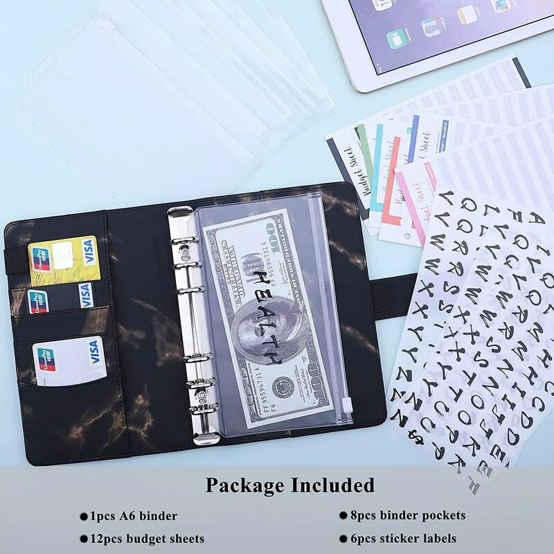 Carpeta de presupuesto de cuero PU A6 con bolsillos de carpeta, hojas de presupuesto de gastos, etiquetas adhesivas, sistema de sobres de efectivo para ahorro de dinero
