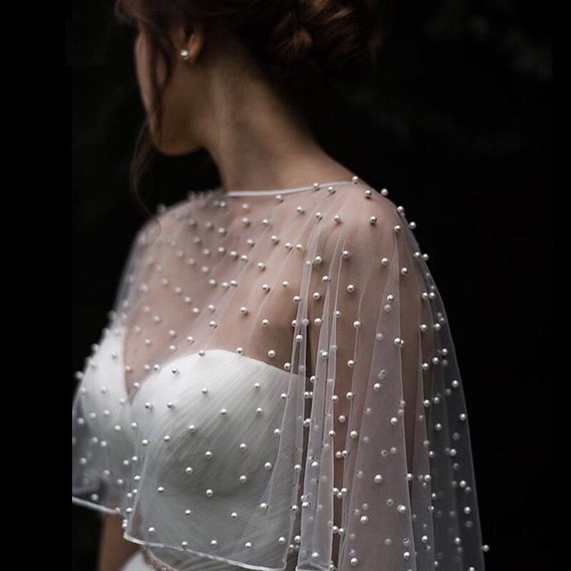 2024 MYYBLE Wedding Accessories Bolero Bridal Cloak Pearls Wedding Cape short front long back Women Wrap Cape Evening Wrap Shawl