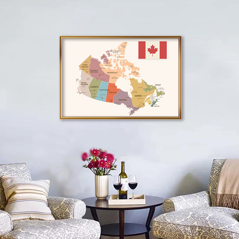 Affiche Vintage de la carte politique du Canada, toile, peinture murale, fournitures scolaires, décoration de salon et de maison, 59x42cm