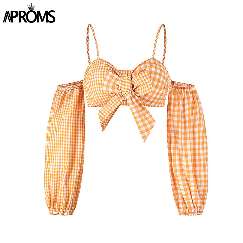 Aproms Yellow Plaid Print Off Shoulder Cropped Blouse Women Elegant Tie Bow Front Long Sleeve Shirt Ladies Streetwear Tops 2020