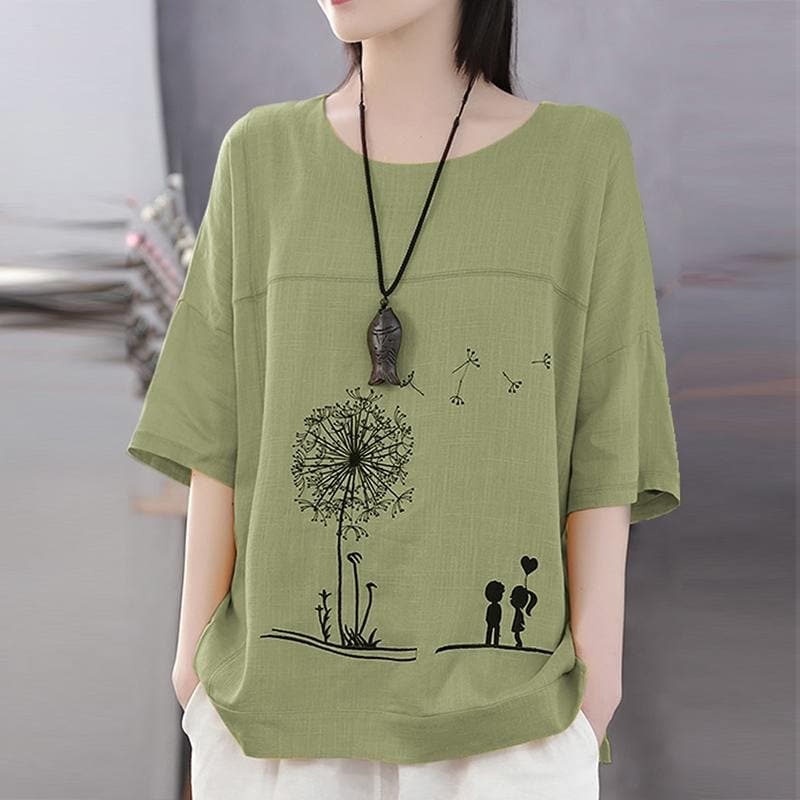 Camisa de lino y algodón para Mujer, blusa informal holgada con estampado de dibujos animados, cuello redondo y manga 3/4, para otoño