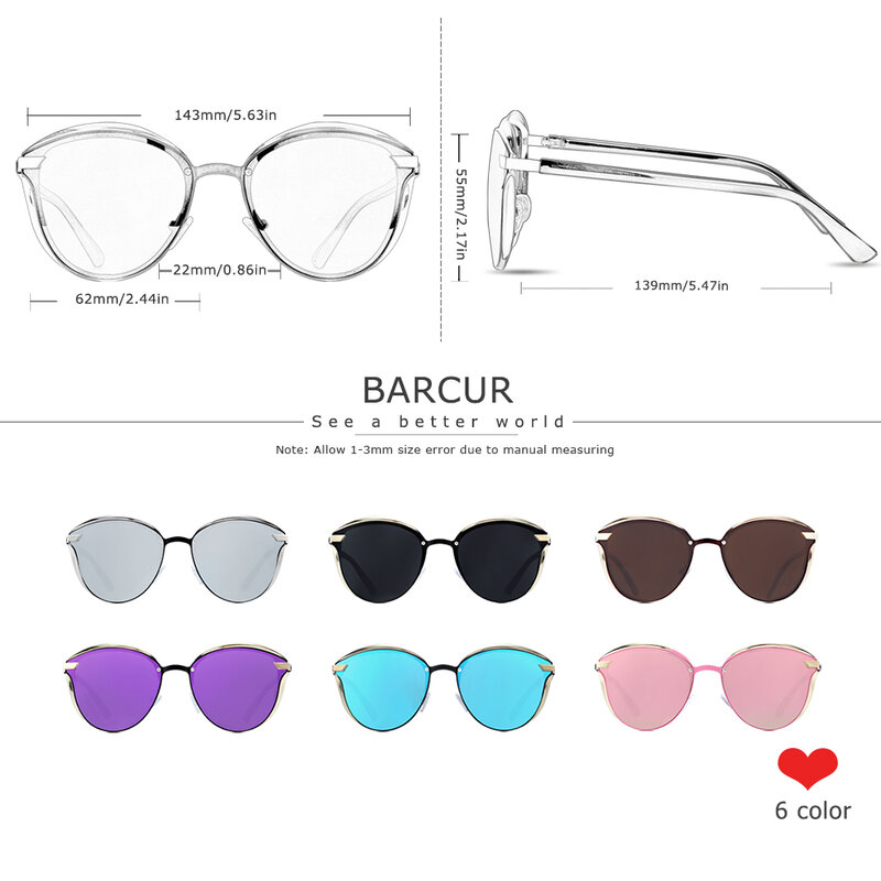 BARCUR الأزياء الاستقطاب النساء نظارة مستديرة الشمس الزجاج السيدات نظارة دي سولي فام