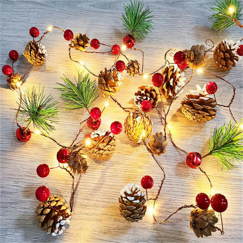 Guirnalda de luces navideñas de cono de pino, guirnalda de luces de hadas de bayas rojas con pilas, decoración de fiesta de Acción de Gracias