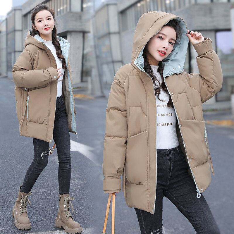 Женская зимняя стеганая куртка средней длины, новинка 2021, модные женские корейские свободные плотные зимние однотонные пальто с капюшоном