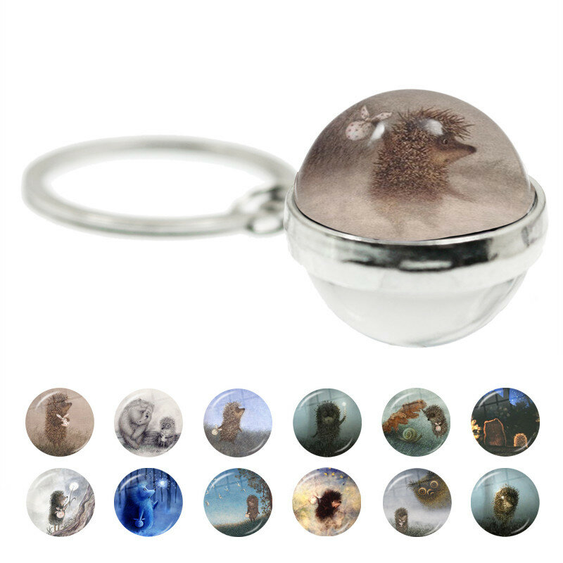 Hedgehog In The Fog Keychain Charms Cartoon Pattern Double Sided Glass Ball Pendant Key Chain Accessories Metal Keyring Holder