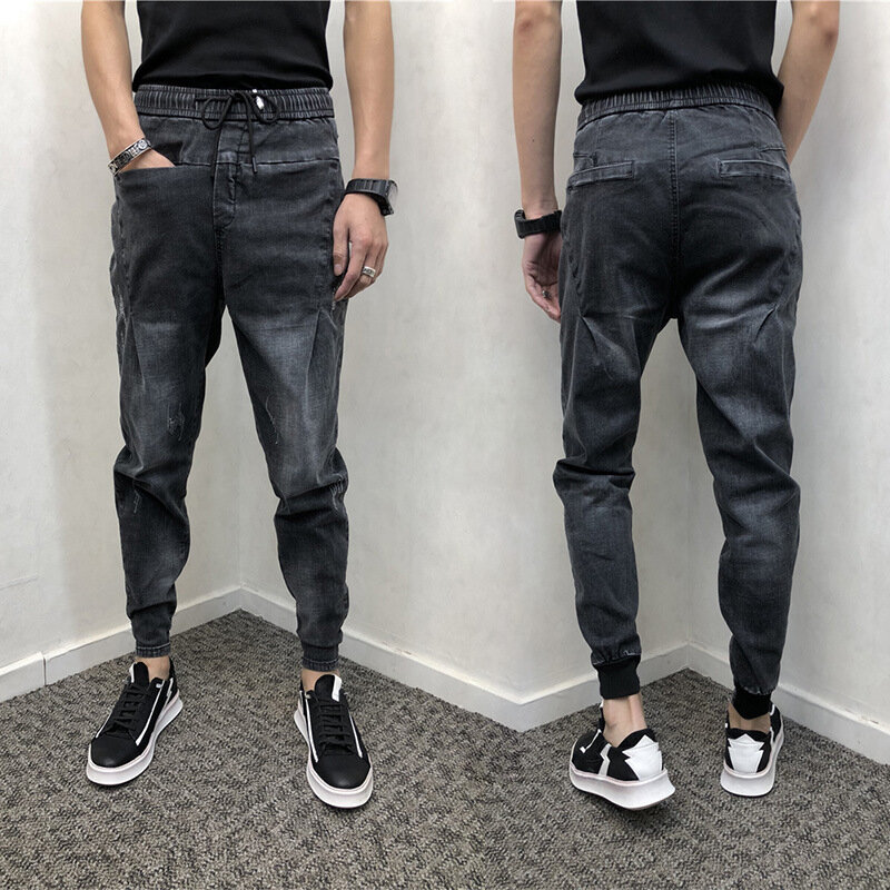 Мужские весенне-осенние 2021 модные потертые джинсы со шнуровкой, джинсовые брюки, узкие модные мужские брюки