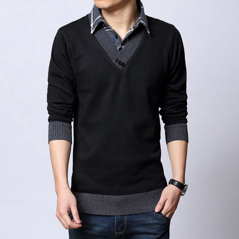 Versão coreana do falso de duas peças de manga comprida camisola masculina outono e inverno modelos camisa gola camisola espessamento