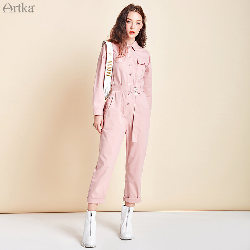 ARTKA-Macacão de botão de cintura alta feminino com cinto, macacão casual feminino 100% algodão, moda, outono, novo, 2020, KA25005C