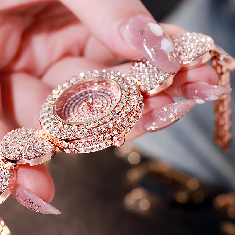 Luksusowe zegarki damskie różowe złoto pełne kryształki bransoletka z diamentami dla kobiet moda zegarek na rękę prezent dla żony D189