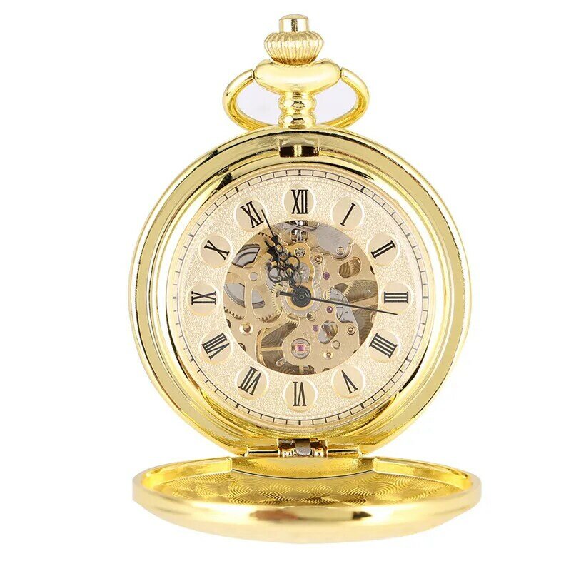 Luksusowy żółty złoty Unisex ręczne nakręcanie mechaniczny szkieletowy zegarek kieszonkowy podwójny otwarty zegar Hunter na godzinę łańcuszek z wisiorem prezent Reloj