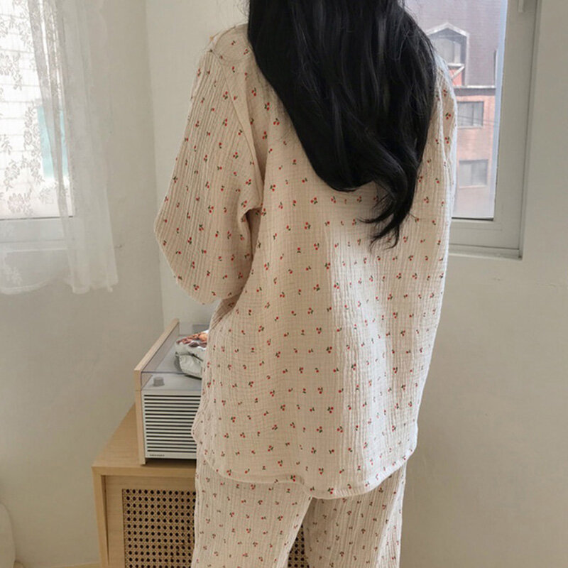 Set Pakaian Tidur Linen Katun Piyama Motif Ceri Lucu Manis Baju Setelan Rumah Saku Berlekuk Kawaii Antik + Celana Panjang Kancing S890