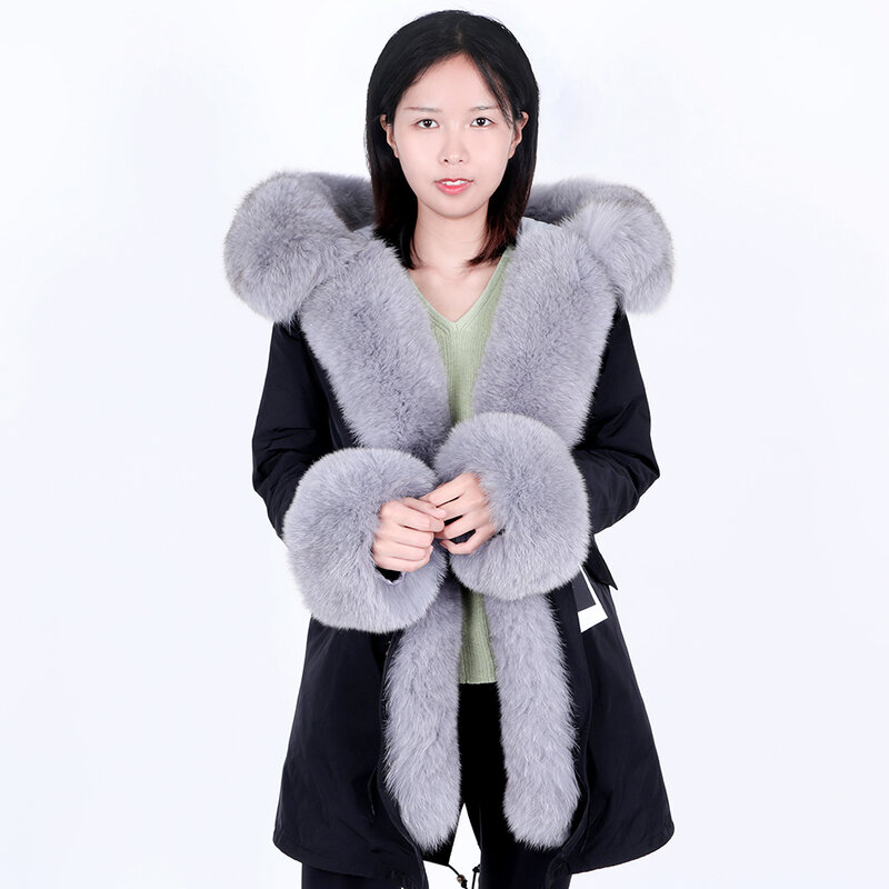 2020 fashion women's natural fox fur hooded long coat parka coat jacket army green big raccoon fur collar winter down cotton coa