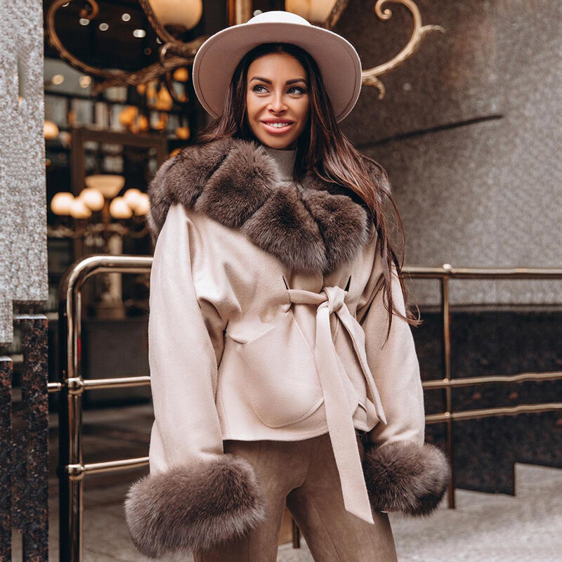 2022 New Natural Wool Blends Coat con pelliccia di volpe Trim of Hood Winter Fashion Woman giacca in vera pelliccia di volpe Cashmere Outwear Luxury