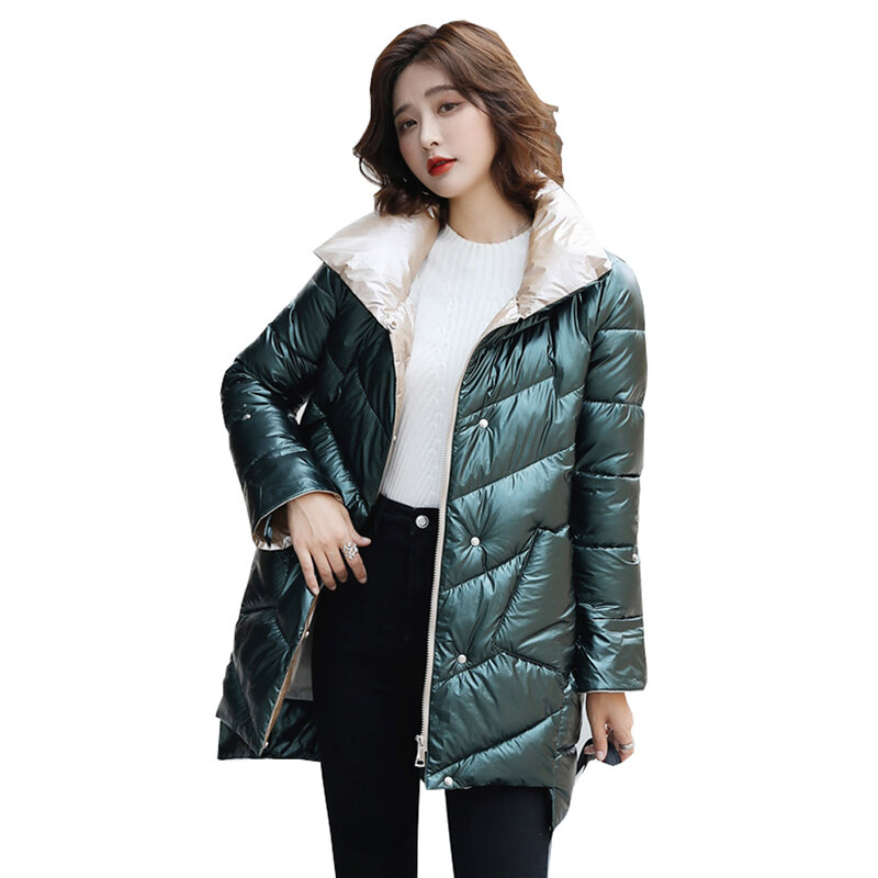 Chaqueta de plumón brillante para mujer, ropa coreana holgada de longitud media, abrigo cálido grueso, parka de plumón a la moda para invierno