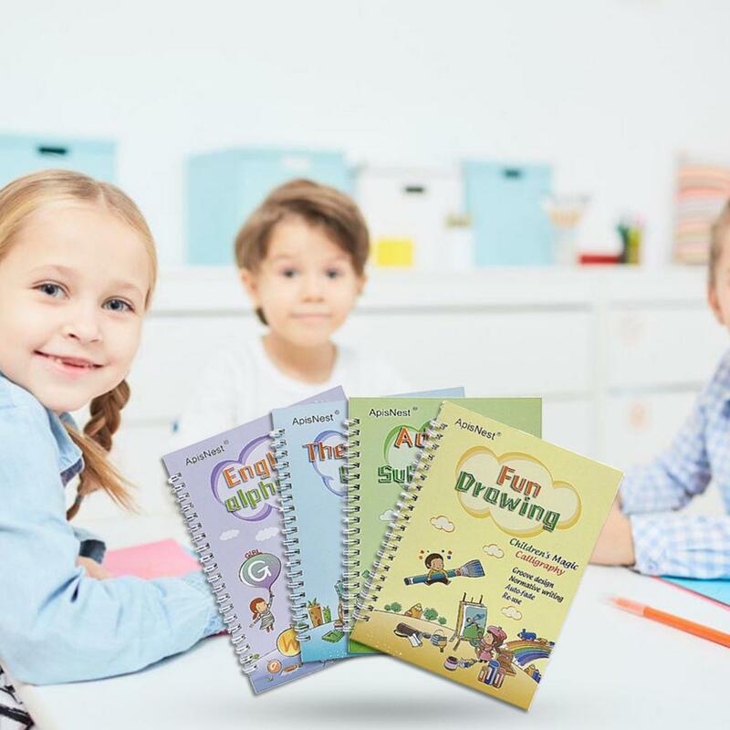 4 Buku + Set Pena Buku Latihan Ajaib Pengelap Gratis Mainan Anak-anak Stiker Menulis Buku Fotokopi Bahasa Inggris untuk Mainan Kaligrafi Montessori