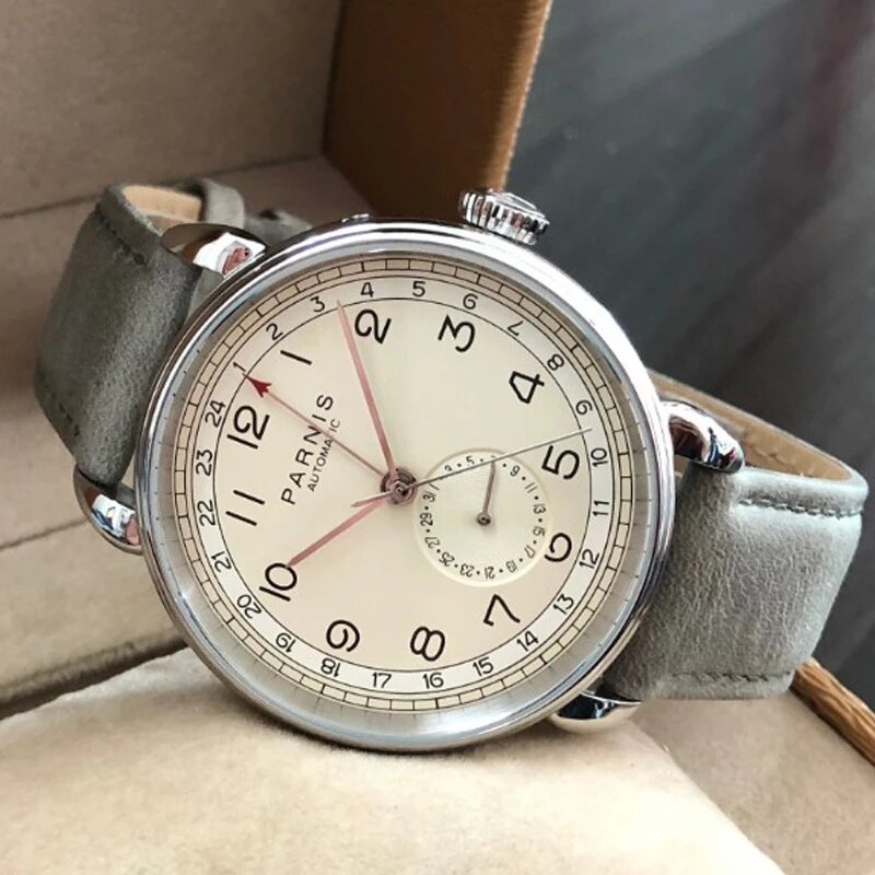 Parnis-reloj mecánico automático para hombre, pulsera de cuero con caja de regalo, 42mm, GMT, marca árabe, fecha, ventana, ocio superior, nuevo