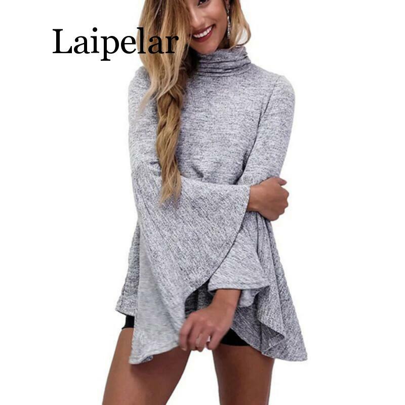 Autumn Gray 2020 Turtleneck Casual Women Blouse Long Sleeve Knitted Winter Back Slit Office Work Ladies Blusas Shirt Tops