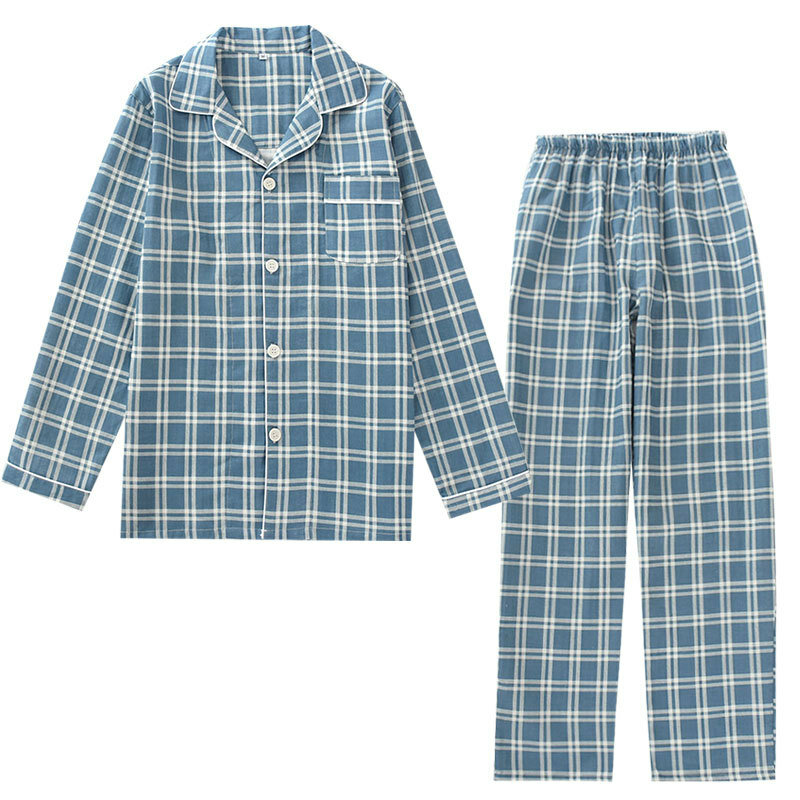 Primavera e no outono dos homens pijamas de mangas compridas calças de algodão duplo gaze treliça tamanho grande terno serviço de casa dos homens pijamas terno
