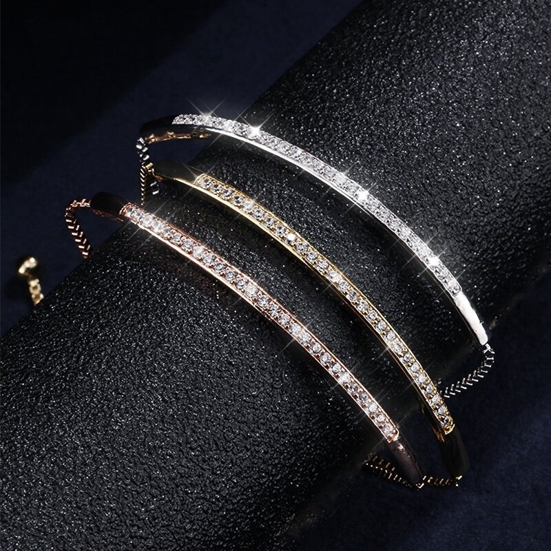 Half Bar CZ Paved Fashion Bangle Adjustable Chain Bracelet Women Fashion Jewelry for Anniversary Brithday Valentine's DAY  Gift