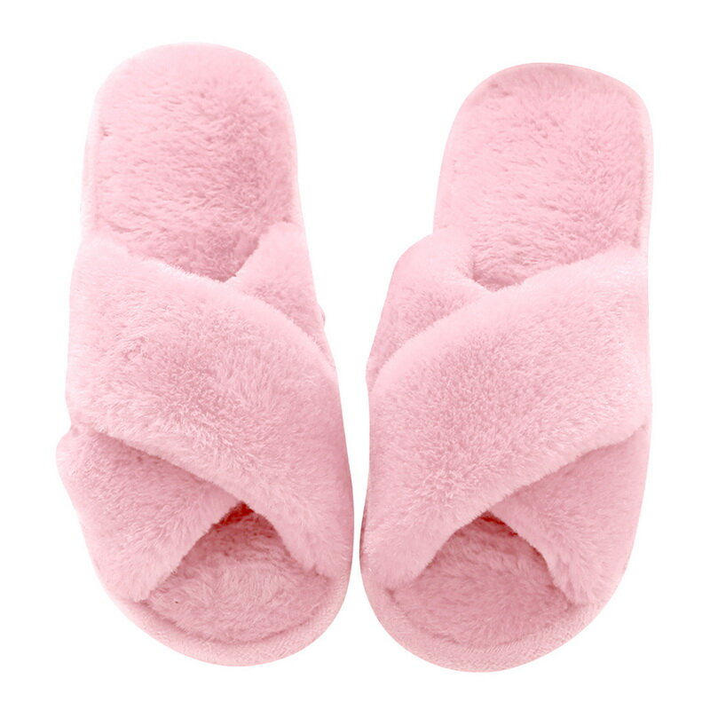 Women Fluffy Winter Slippers Cross Plush Open Toe Sandal Soft Flat Shoes Warm Faux Fur Slipper Home Female Comfort Shoes