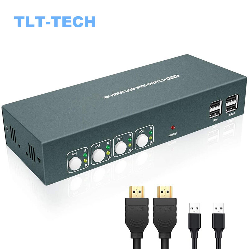 Switch KVM Switch HDMI KVM Switch 4 porte 4K @ 30Hz USB 2.0 4 PC 1 Monitor Switch,Hotkey Switch, con 4 cavi HDMI e 4 cavi USB
