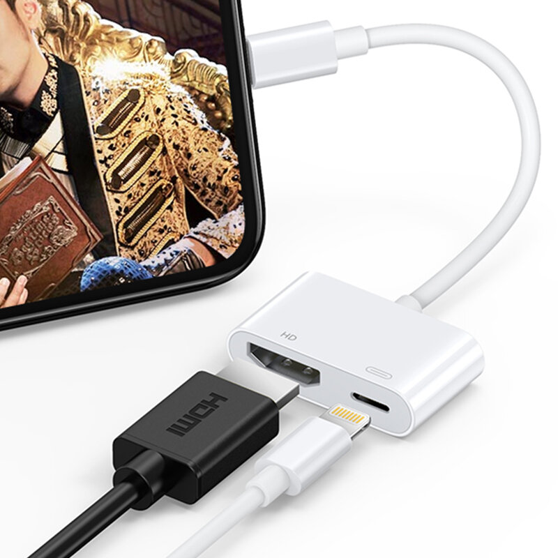 Natrberg Lighting to HDMI 1080P Digital Audio AV Adapter Charging Port for iPhone iPad 4K Sync Screen Converter HD TV projector