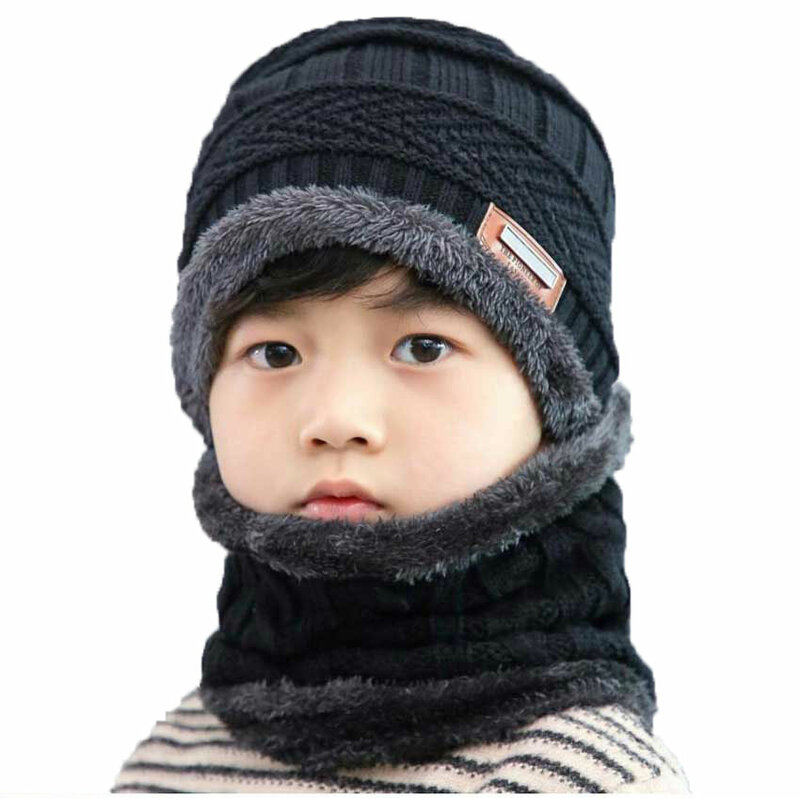子供の冬のニット帽とスカーフのセット,男の子と女の子のための暖かいぬいぐるみの帽子,3ピース,新しい屋外のスキーキャップスカーフ,2019