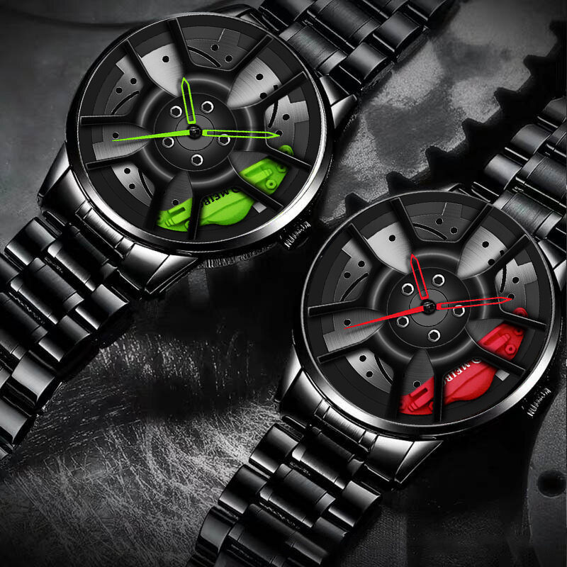Criativo cubo de relógio de aço inoxidável design personalizado esportes aro do carro esportes relógio masculino relógio de pulso da roda dos homens