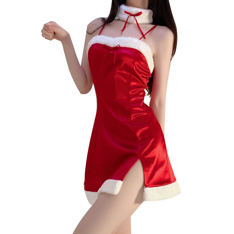 Sexy Lingerie See Clearly Soft Lace Plush Nightdress Christmas and Holiday Dress for Women santa claus costume Temptation Suit