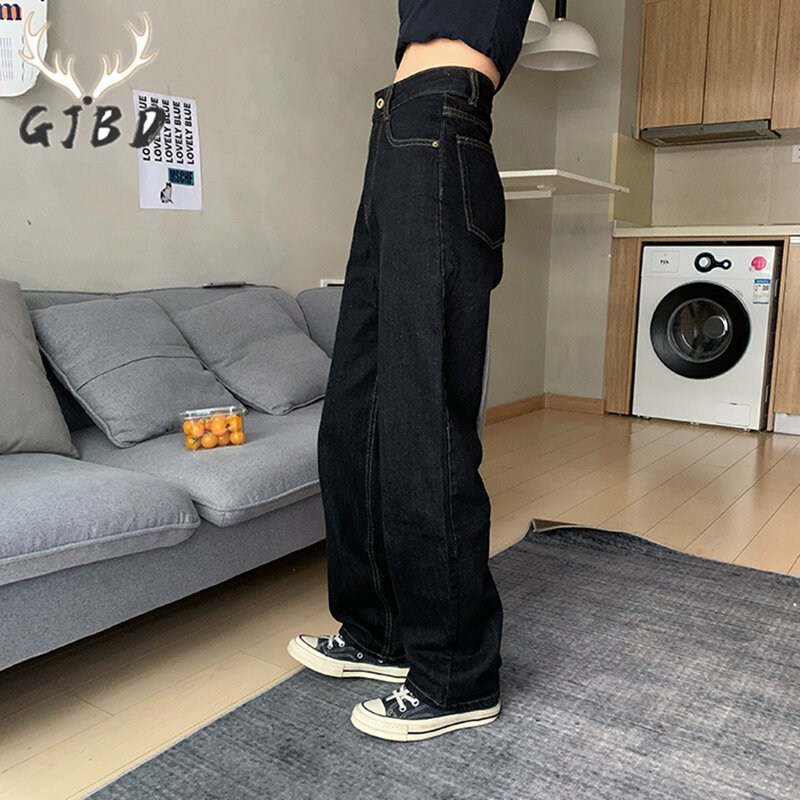Jeans Hitam Wanita Pinggang Tinggi Antik Mode Korea Pakaian Jalanan Jeans Kaki Lebar Celana Denim Wanita Celana Denim Ibu Longgar Lurus