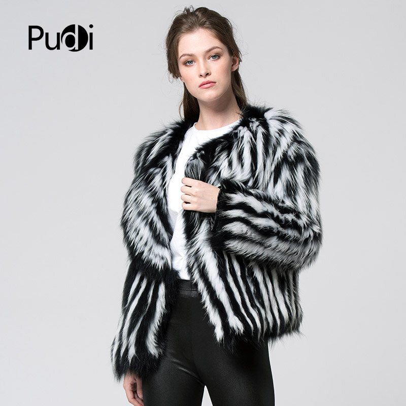 CT7043 Women New Knitted Real Raccoon Fur Coat Full Sleeve Genuine Winter Fur Brand New Style Jacket Black White Color