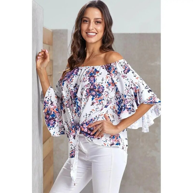 Spring 2020 Super Hot Sale Word Collar Tube top T-Shirt Female Print 7-Point Sleeve Knotted Pullover Ladies