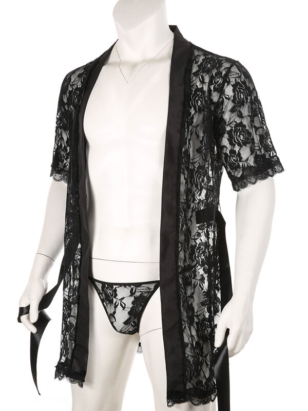 Men See-through Lace Night-robe Sexy Lingerie Set Short Sleeve Cardigan Bathrobe with T-back and Belt Sissy Loungewear Nightwear