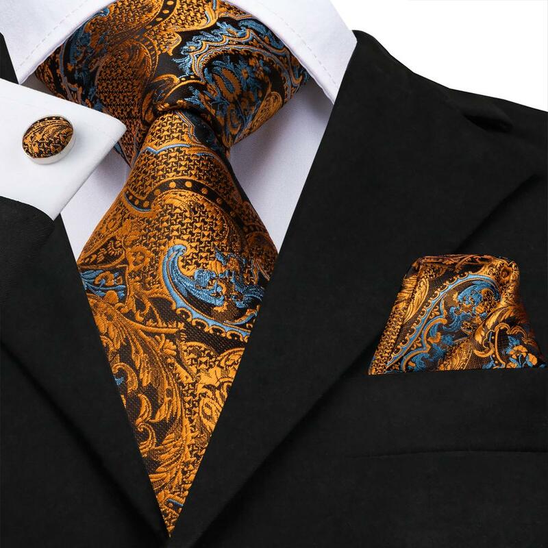 Hi-Tie – ensemble de boutons de manchette en soie pour homme, cravate de luxe, motif Floral, noir et or, avec poches carrées, pour fête de mariage, 100%