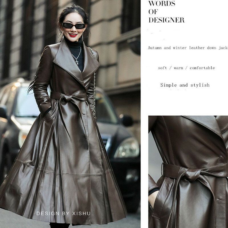 Women's Genuine Leather Sheepskin Down Coat, Long, Thick, Warm, Female Quality Outerwear, Brand, Autumn, Winter