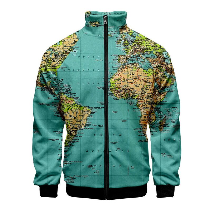 Men Vintage Cool Jacket Unisex Casual 3D World Map Printing Zip Cardigan  Coat  Long Sleeve Streetwear Standing Collar Jacket